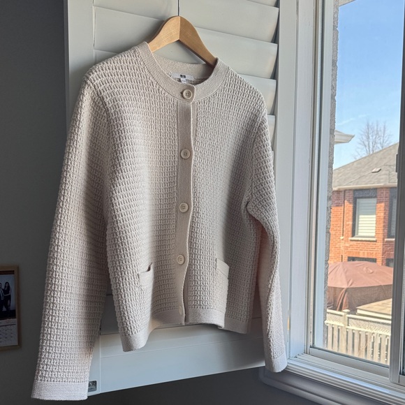 Uniqlo Sweaters - Uniqlo Cream Waffle-Knit Button Cardigan